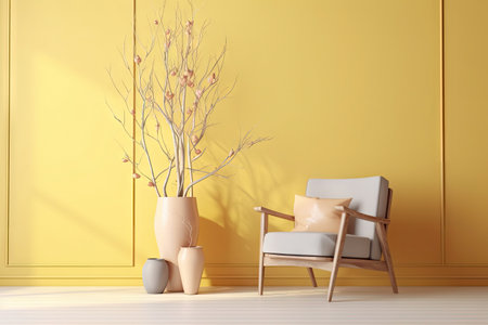 Minimal interior design living room with beige cozy tone style, decorate with armchair, vase, branches tree, and pastel background with shadow, empty wall for mock up and banner, with Generative Ai.の素材