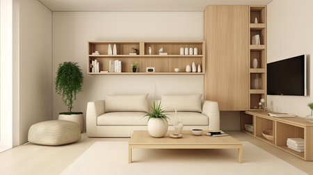 Minimal interior design living room with beige cozy tone style, decorate with sofa, bookshelf, armchair, wood table, and brown tone background, empty wall for mock up and banner, with Generative Ai.の素材