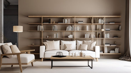 Minimal interior design living room with beige cozy tone style, decorate with sofa, bookshelf, armchair, wood table, and brown tone background, empty wall for mock up and banner, with Generative Ai.の素材