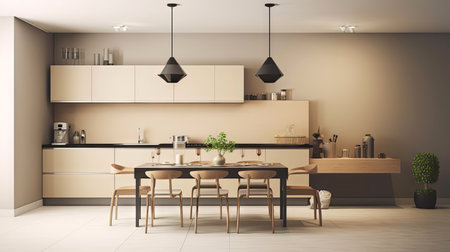 Minimal interior design kitchen room with beige cozy tone style, decorate with wooden counter. chairs and brown tone background, empty wall for mock up and banner, with Generative Ai.の素材