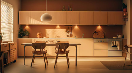Minimal interior design kitchen room with beige cozy tone style, decorate with wooden counter. chairs and brown tone background, empty wall for mock up and banner, with Generative Ai.の素材
