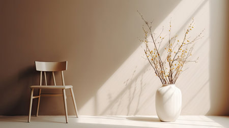 Minimal interior design living room with beige cozy tone style, decorate with armchair, vase, branches tree, and pastel background with shadow, empty wall for mock up and banner, with Generative Ai.の素材