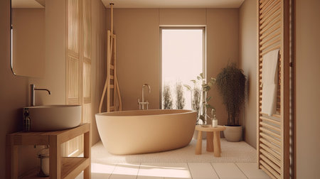 Minimal interior design bathroom with beige cozy tone style, decorate with wooden decor, bathtub, sink, towels, and brown tone background, empty wall for mock up and banner, with Generative Ai.の素材