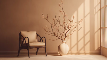 Minimal interior design living room with beige cozy tone style, decorate with armchair, vase, branches tree, and pastel background with shadow, empty wall for mock up and banner, with Generative Ai.の素材