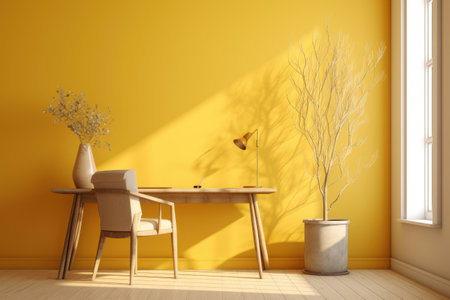 Minimal interior modern office space room with beige cozy tone style, decorate with armchair, desk, and row of computers, empty wall for mock up and banner, with Generative Ai.の素材