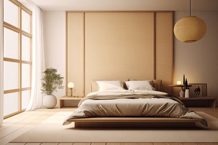Minimal interior design bedroom with beige cozy tone style, decorate with wooden bed, lamp, white pillows, table, and brown tone background, empty wall for mock up and banner, with Generative Ai.の素材