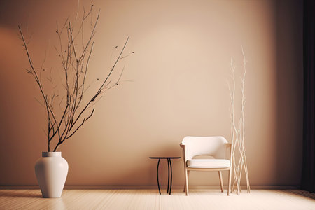 Minimal interior modern office space room with beige cozy tone style, decorate with armchair, desk, and row of computers, empty wall for mock up and banner, with Generative Ai.の素材