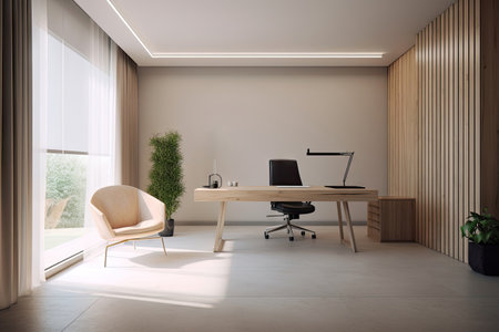 Minimal interior modern office space room with beige cozy tone style, decorate with armchair, desk, and row of computers, empty wall for mock up and banner, with Generative Ai.の素材