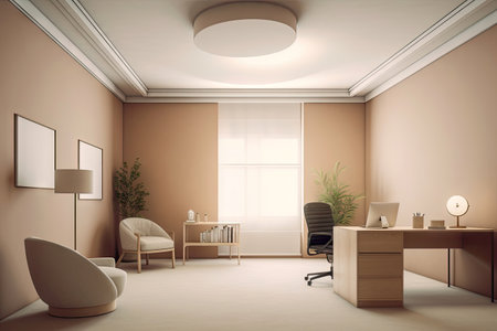 Minimal interior modern office space room with beige cozy tone style, decorate with armchair, desk, and row of computers, empty wall for mock up and banner, with Generative Ai.の素材