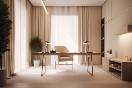 Minimal interior modern office space room with beige cozy tone style, decorate with armchair, desk, and row of computers, empty wall for mock up and banner, with Generative Ai.の素材