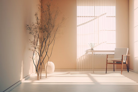 Minimal interior modern office space room with beige cozy tone style, decorate with armchair, desk, and row of computers, empty wall for mock up and banner, with Generative Ai.の素材