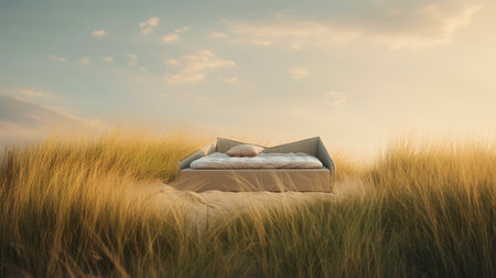 Lonely bed stand on grass dune hill with beautiful sky, surreal dreamlike landscape, minimal background, creative scene, Desert scene with furniture, with Generative Ai.の素材