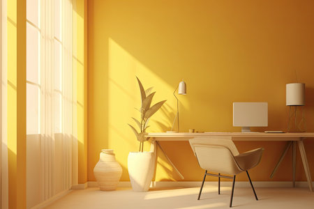 Minimal interior modern office space room with beige cozy tone style, decorate with armchair, desk, and row of computers, empty wall for mock up and banner, with Generative Ai.の素材