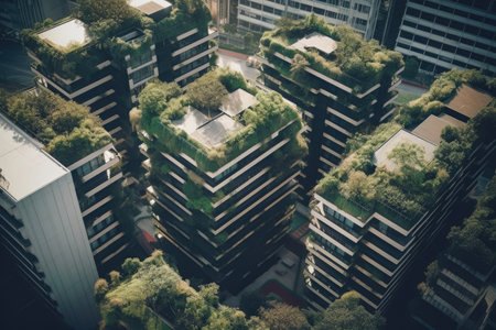 Futuristic friendly ecology mega city buildings and towers, green environment city center metropolis, forest and garden in midtown, greenery skyscraper, Sustainable nature with Generative AIの素材