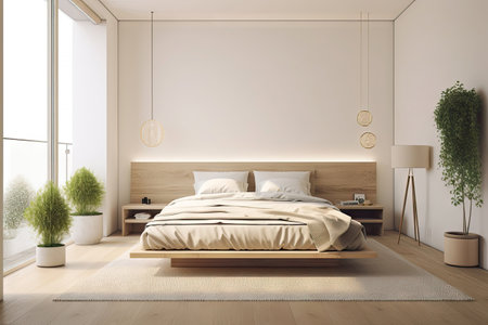 Minimal interior design bedroom with beige cozy tone style, decorate with wooden bed, lamp, white pillows, table, and brown tone background, empty wall for mock up and banner, with Generative Ai.の素材