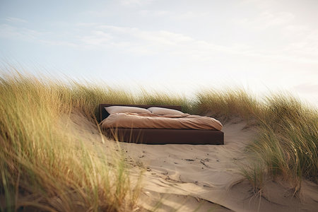 Lonely bed stand on grass dune hill with beautiful sky, surreal dreamlike landscape, minimal background, creative scene, Desert scene with furniture, with Generative Ai.の素材
