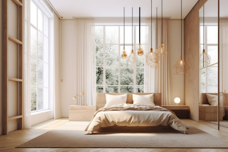 Minimal interior design bedroom with beige cozy tone style, decorate with wooden bed, lamp, white pillows, table, and brown tone background, empty wall for mock up and banner, with Generative Ai.の素材