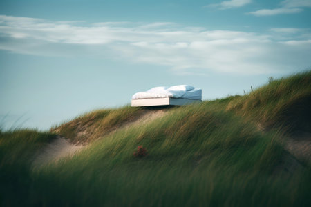 Lonely bed stand on grass dune hill with beautiful sky, surreal dreamlike landscape, minimal background, creative scene, Desert scene with furniture, with Generative Ai.の素材