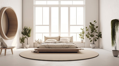 Minimal interior design bedroom with beige cozy tone style, decorate with wooden bed, lamp, white pillows, table, and brown tone background, empty wall for mock up and banner, with Generative Ai.の素材