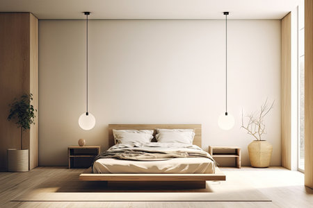 Minimal interior design bedroom with beige cozy tone style, decorate with wooden bed, lamp, white pillows, table, and brown tone background, empty wall for mock up and banner, with Generative Ai.の素材