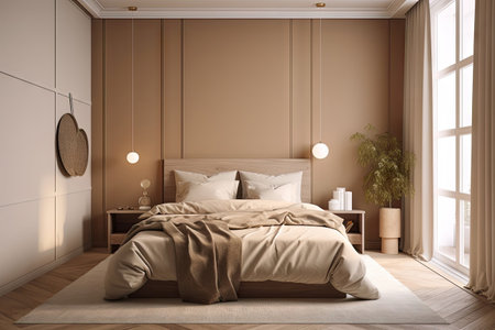 Minimal interior design bedroom with beige cozy tone style, decorate with wooden bed, lamp, white pillows, table, and brown tone background, empty wall for mock up and banner, with Generative Ai.の素材