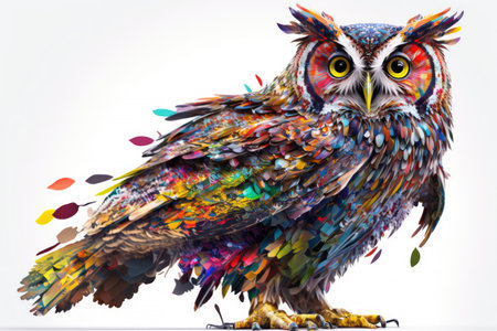 Abstract animal Owl portrait with colorful hundreds of different colors paint isolated on white background, with Generative AI.の素材