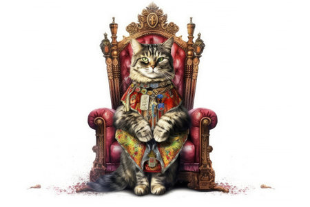 The Royal cat with luxury dress costume. Close up Portrait King cat with throne and crown isolated on white background. Generative AI.の素材