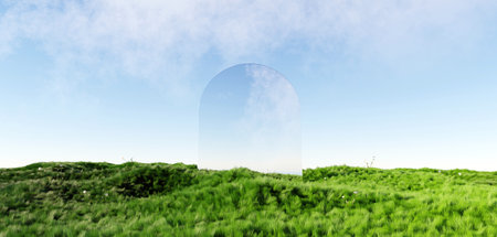 3d render Surreal green shaggy surface Grassland mountain landscape background in minimal concept,...