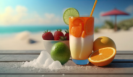 Close up of smoothie frappe fruits juice with other fruits, strawberries, orange, pineapple, sorbet, and peach on wooden table at summer beach an sea vacation background, with Generative AI.の素材