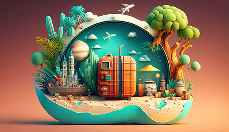 Summer vacation travel trip planned concepts background, Holiday event for traveling around the world, beautiful nature sand, sunlight, ocean water with Generative AI.の素材