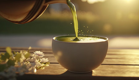 Matcha green tea in cup on wooden table with finely ground powders and flowers in spring season, calm and relax tea, hot beverage, Morning drinks with Generative AI.の素材