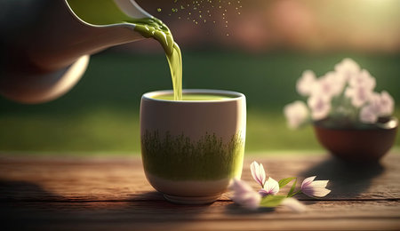 Matcha green tea in cup on wooden table with finely ground powders and flowers in spring season, calm and relax tea, hot beverage, Morning drinks with Generative AI.の素材