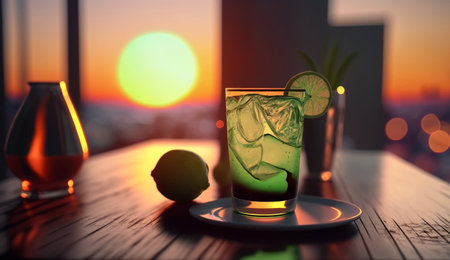 Close up of cocktail mixed drinks with lime, juice, mint, paper mint, gin and soda gourmet craft, modern ice cold drinks, with blur background, Fresh beverage mocktail with Generative AI.の素材