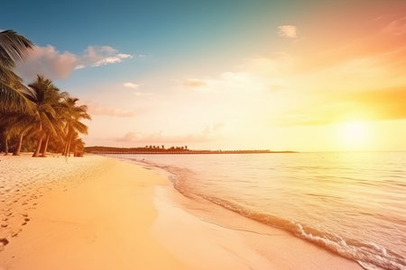 Summer vacation, tropical beach with blue sky and sea for relaxation, panoramic beach background, summer holiday with beautiful nature sand, sunlight, ocean water with Generative AI.の素材