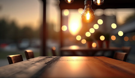 Blank empty wooden bar tabletop focused with blurry bokeh light of city scape, building view  background, for mock up and montage product display advertisement, with Generative AI.の素材
