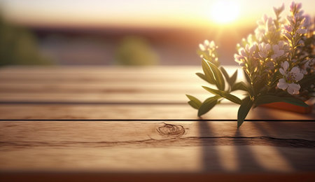 Wooden blank or empty tabletop in spring season at morning with sunset light, spring summer flowers decorations and nature view for mock up, with Generative AI.の素材
