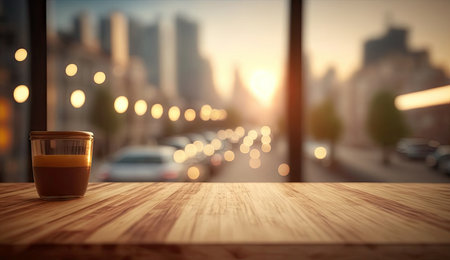 Blank empty wooden bar tabletop focused with blurry bokeh light of city scape, building view  background, for mock up and montage product display advertisement, with Generative AI.の素材