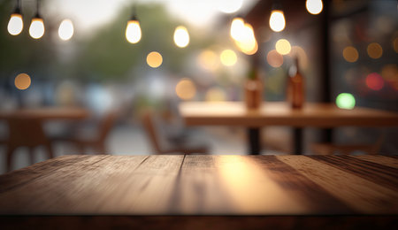 Blank empty wooden bar tabletop focused with blurry bokeh light of city scape, building view  background, for mock up and montage product display advertisement, with Generative AI.の素材
