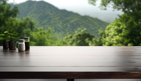 Wooden bar empty blank tabletop focused with blurry nature greenery mountain view  background, for mock up and montage product display advertisement, with Generative AI.の素材