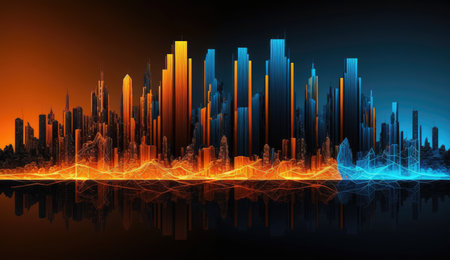 Blue and orange color Neon mega city capital towers with futuristic technology background, future modern building virtual reality, digital design, digital technology scene with Generative Ai.の素材