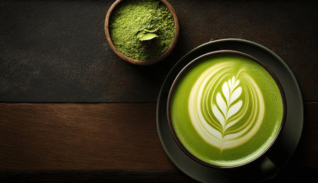 Matcha green tea with latte art foam in cup with powder on dark wooden table, latte art, hot green tea, milk, soy milk, Morning traditional beverage with Generative AI.の素材
