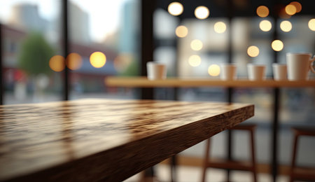 Blank empty wooden bar tabletop focused with blurry bokeh light of city scape, building view  background, for mock up and montage product display advertisement, with Generative AI.の素材