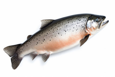 Fresh raw Salmon isolated on white background the popular fish for making sashimi Japanese food, marine animal, clip art, diversity of animals, with Generative AI.の素材