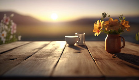 Wooden blank or empty tabletop in spring season at morning with sunset light, spring summer flowers decorations and nature view for mock up, with Generative AI.の素材