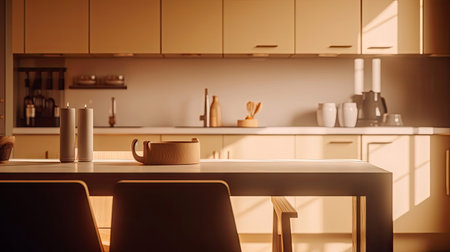 Minimal interior design kitchen room with beige cozy tone style, decorate with wooden counter. chairs and brown tone background, empty wall for mock up and banner, with Generative Ai.の素材