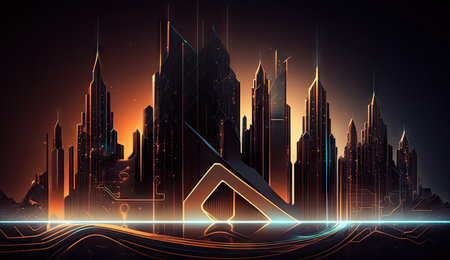 Neon mega city capital towers with futuristic technology background, future modern building virtual reality, night life style concept, digital design, digital technology scene with Generative Ai.の素材