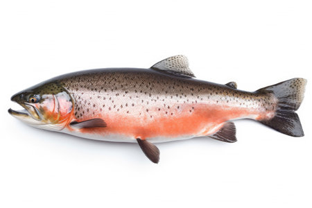 Fresh raw Salmon isolated on white background the popular fish for making sashimi Japanese food, marine animal, clip art, diversity of animals, with Generative AI.の素材