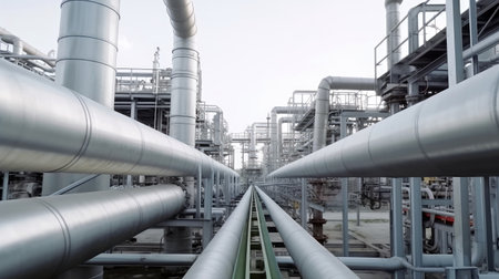Industry pipeline or rack transport petrochemical, gas and oil processing, factory turbine line, rack of heat chemical petroleum, equipment steel pipes, with Generative AI.の素材