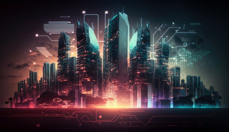 Neon mega city capital towers with futuristic technology background, future modern building virtual reality, night life style concept, digital design, digital technology scene with Generative Ai.の素材