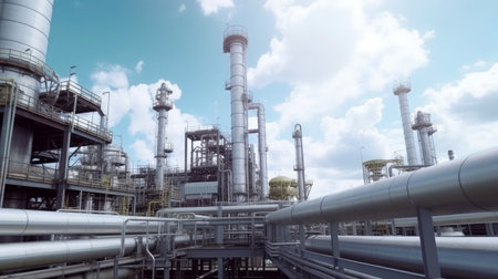 Industry pipeline or rack transport petrochemical, gas and oil processing, factory turbine line, rack of heat chemical petroleum, equipment steel pipes, with Generative AI.の素材